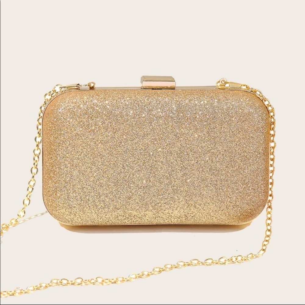 Gold Clip Top Glitter Sequin Box Clutch Bag